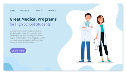 Great medical programs for high school students from doctors man and woman. Educational diagnosis science and treatment lesson online. Website or webpage template, landing page flat style vector