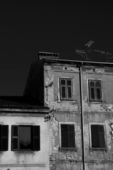 Building In Ruins / Old Urban Housing After War / Black And White Monochrome Architecture