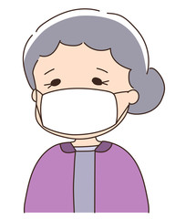 Elderly woman wearing a medical face mask to prevent coronavirus or covid-19 or another type of virus. Vector illustration isolated on white background.
