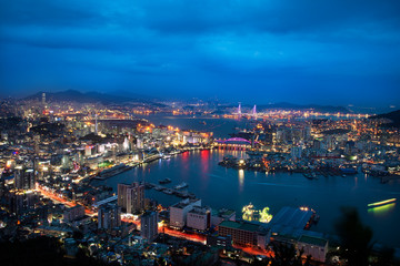 Skyline of Busan Metropolitan City with high view, in the blue hour