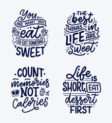 Fototapeta premium Set with funny sayings, inspirational quotes for cafe or bakery print. Embossed tape and brush calligraphy. Dessert lettering slogans in hand drawn style. Vector
