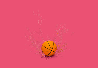 3d rendering of basketball drop with water splash on pink background, 3d minimal concept for sport
