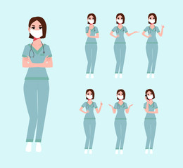 Obraz premium Female doctor in a mask with a stethoscope in different poses. Flat vector illustration. EPS 10.