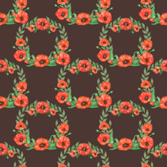 Watercolor pattern of wild flowers. Includes wreaths, poppies, leaves and herbs. Appropriate for T-shirts, wrapping paper, fabrics, greeting cards, wallpaper, wedding decoration.