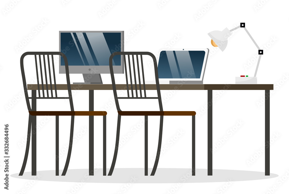 Poster workplace with computer digital equipment on wooden table with chairs. nobody place for work with la