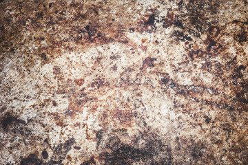 Metal rust texture. Grunge peeling paint background. Industrial steel sheet pattern. Weathered iron surface. Dirty kitchen dishware with burned fat.