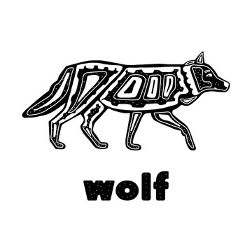 folk monochrome wolf isolated on a white background . Vector illustration hand drawn in the Scandinavian style and lettering wolf. For postcards, posters, fabrics, banners, and tableware design