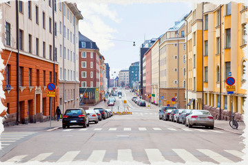 Fototapeta na wymiar Imitation of a picture. Oil paint. Illustration. City Helsinki. Cityscape