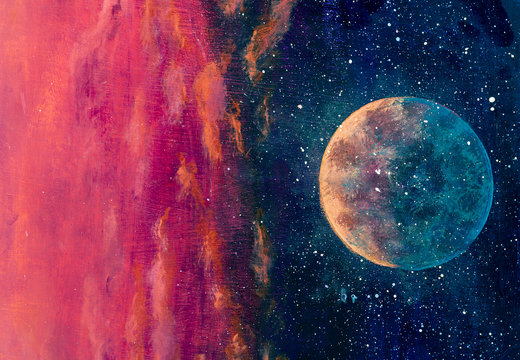 Fantastic oil painting beautiful big planet moon among stars in universe. Fantasy concept cosmos fine art paintingartwork for book illustration