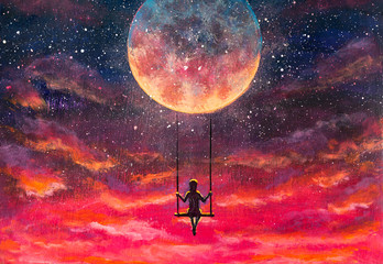 Painting Girl guy rides on swing in sky against background of beautiful purple pink sunset and starry sky. Romantic fantastic landscape for fairy tales or illustration for book. - obrazy, fototapety, plakaty