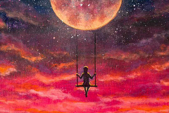 Oil painting fantasy art. The illustration shows man girl who is riding on swing on big planet in beautiful pink sunset cosmos.