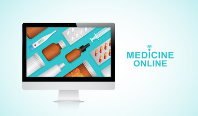Healthcare and medical online computer with bottles set medicine, pills, healthcare and pharmacy on website for hospital and clinic vector illustration