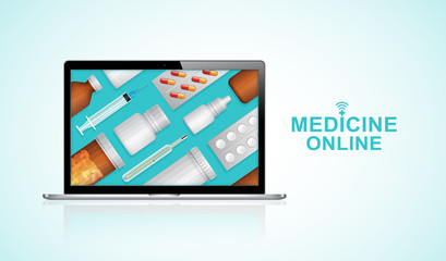 Healthcare and medical online computer notebook with bottles set medicine, pills, healthcare and pharmacy on website for hospital and clinic vector illustration