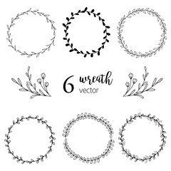 Hand drawn vector flowers branches and leaves. Botanical sketch collection. Decorative elements for design. Ink, vintage, rustic.