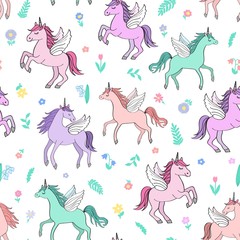 Seamless repeat pattern with pastel colors winged unicorns pegacorns flying surrounded by tossed sweet florals flowers, daisies, bluebells, lilies, leaves and branches