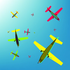 Airplanes in the sky. Vector illustration of multi-colored airplanes flying in a circle in a blue sky.