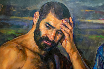painted oil on canvas of a man with thick beard - 332689213