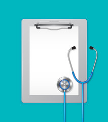 Medical clipboard and paper with stethoscope heart shaped in medicine, medical, health, cross, healthcare ready to help in a hospital on blue background concept vector illustration