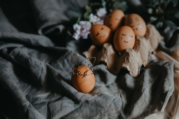 funny Easter bunny egg. Easter holiday concept with cute handmade eggs