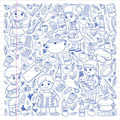 Vector pattern with cooking class for little children. Kids icons. Healthy eating.