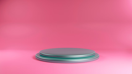 Podium on the floor studio with geometric shapes, , mock up background. Platforms for product presentation, green pastel and pink background , 3d render