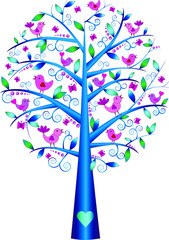 Illustration. Vector graphics. A tree of blue color with multi-colored birds on the branches.