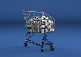 Shoping cart filled with toilet paper. Top view. On blue background. 3D Illustration