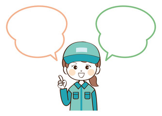 女性、配達員、吹き出し、説明