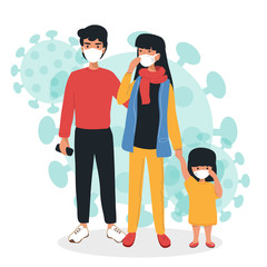 Vector illustration with a family in protective masks. Epidemic disease concept. Corona virus. China people on a white background