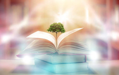 Imagine a picture book of an ancient book opened on a wooden table with a sparkling golden...