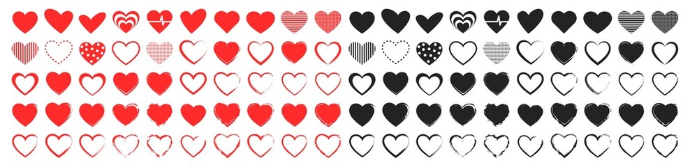 Set of 100 Like and Heart icons. Live stream video, chat, likes. Social nets like red heart web buttons isolated on white background. Vector illustaration.