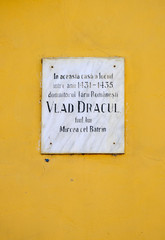 Plaque on house of Dracula in Sighisoara Romania that Vlad Dracul lived there from 1431-1435