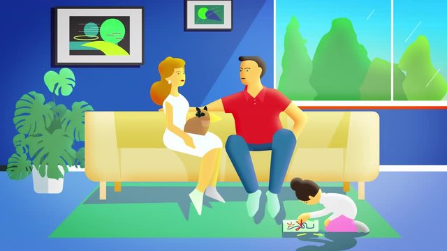 Happy parents are sitting in a spacious living room with a cat, while their daughter is drawing, lying on the carpet. 2D flat animation 4k.
