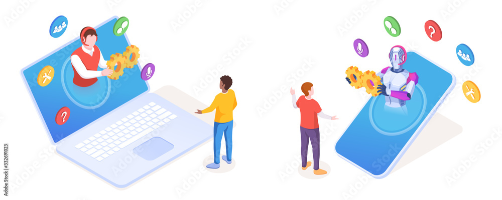Poster Chatbot helping customer from smartphone. Man from online support doing assistant service over laptop or notebook. Vector sign design for customer or user support, help, answer. AI technology