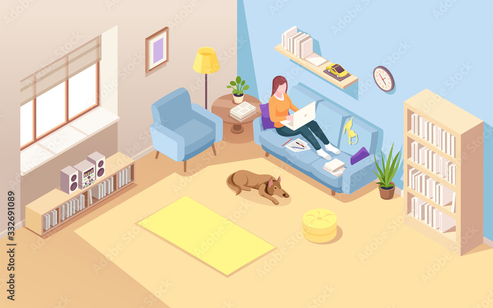 Poster Isometric room with woman sitting on sofa and doing remote job using notebook. Vector girl with laptop doing freelance work. Reclining female working at home over internet. Lady on couch. Workspace