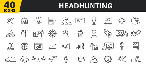 Set of 40 Headhunting web icons in line style. Skills, work, professional, employment, management, teamwork. Vector illustration. - obrazy, fototapety, plakaty