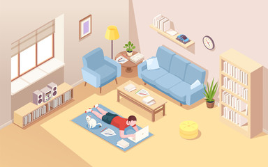 Man lying on floor doing remote work at laptop. Male at home carpet with notebook doing freelance work. Isometric interior of living room with boy freelancer. Internet worker. Office overwork