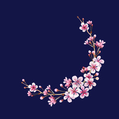 Wreath frame of a branch of Japanese cherry on deep blue. Watercolor flowers and buds in the circle. Background for wedding invitations, congratulations, messages, save date, cards.