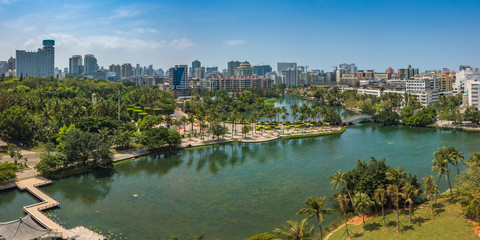 Beautiful Scenery of The People's Public Park at Summer Time, Downtown Haikou City, Hainan Province, China.