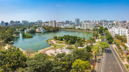 Fototapeta premium Beautiful Scenery of The People's Public Park at Summer Time, Downtown Haikou City, Hainan Province, China.