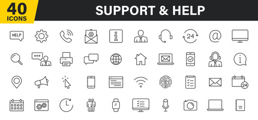 Set of 40 Support and Help web icons in line style. Assistance, email, customer, 24 hrs, service, contact. Vector illustration.