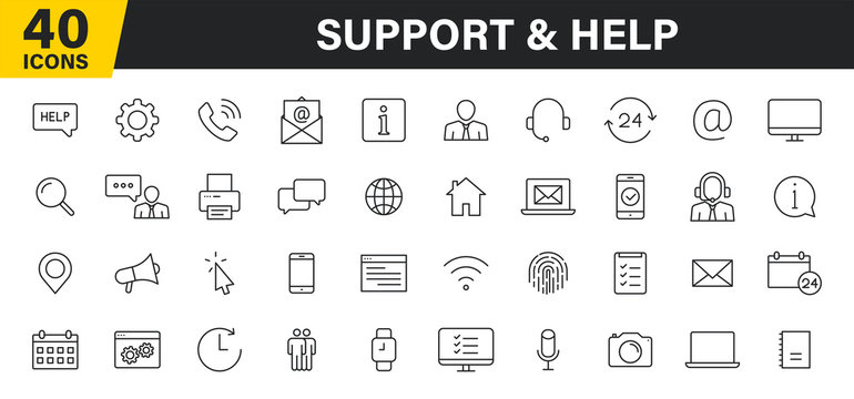 Set of 40 Support and Help web icons in line style. Assistance, email, customer, 24 hrs, service, contact. Vector illustration.