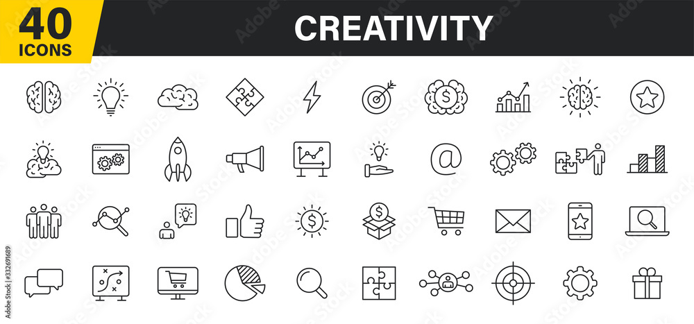 Poster set of 40 creativity and idea web icons in line style. creativity, finding solution, brainstorming, 