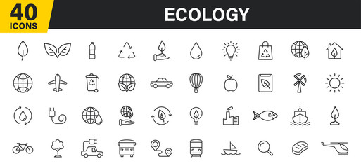 Set of 40 Ecology web icons in line style. Electric Car, Organic, environmental energy. Vector illustration.