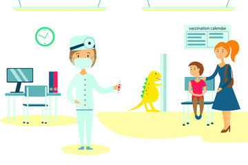 Vaccinate. Landing page template. Modern flat design. Vector illustration with doctor and mom with boy