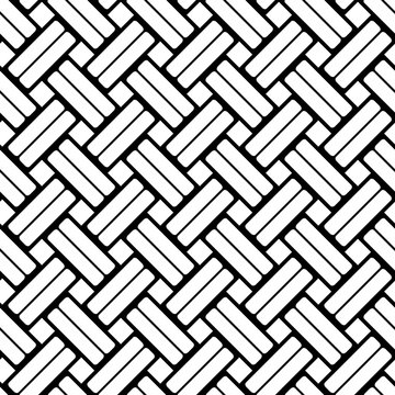 Weave seamless pattern. Woven stripes lattice. Simple diagonal wicker background. Basket background. Weaving texture. Interlacing lines for design prints. Black and white interlace fiber. Vector 