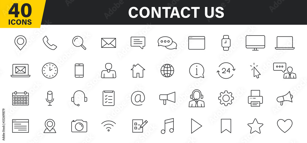 Poster set of 40 contact us web icons in line style. web and mobile icon. chat, support, message, phone. ve