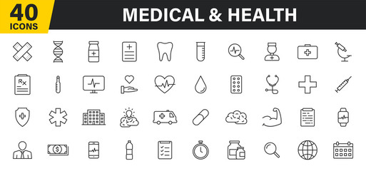 Fototapeta na wymiar Set of 40 Medical and Health web icons in line style. Medicine and Health Care, RX, infographic. Vector illustration.