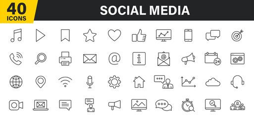 Set of 40 Social Media web icons in line style. Contact, digital, social networks, technology, website. Vector illustration.