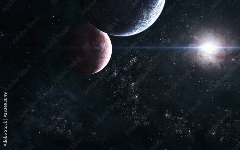 Sticker planets on the background of a bright star in the center of the galaxy. deep space. science fiction.